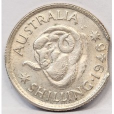 AUSTRALIA 1946 . ONE 1 SHILLING . ERROR . BITTEN EDGE CLIPPED . DIE CRACKS ON NECK and LEGEND